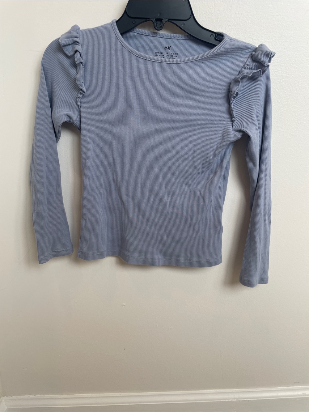 H&M Light Blue Ribbed Long-Sleeve Top with Shoulder Ruffles